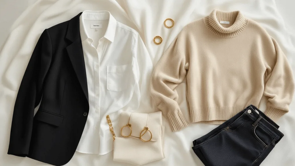 A curated minimalist wardrobe featuring a black blazer, white button-down, beige sweater, and dark wash jeans, artfully arranged on a white backdrop with soft natural light highlighting the textures and gold accessories.