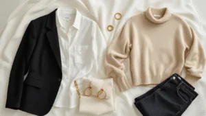How to Create Show-Stopping Outfits Without Breaking the Bank A curated minimalist wardrobe featuring a black blazer, white button-down, beige sweater, and dark wash jeans, artfully arranged on a white backdrop with soft natural light highlighting the textures and gold accessories.