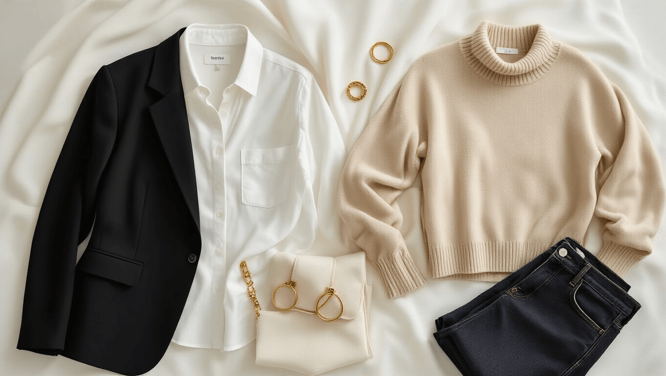A curated minimalist wardrobe featuring a black blazer, white button-down, beige sweater, and dark wash jeans, artfully arranged on a white backdrop with soft natural light highlighting the textures and gold accessories.