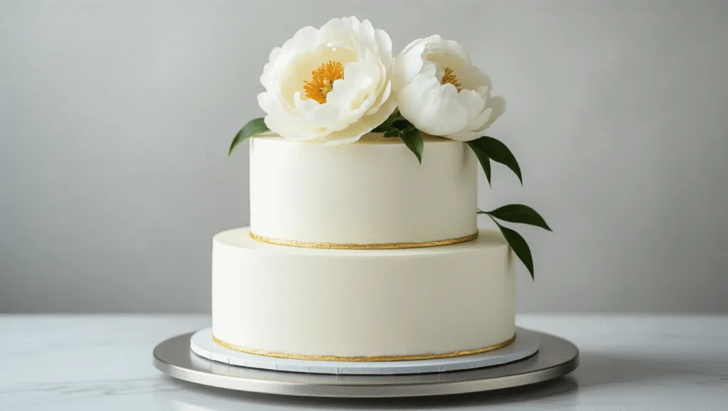 Photorealistic minimalist three-tiered wedding cake on metal stand, featuring smooth white buttercream, a cascading white peony, delicate gold leaf, and a light grey backdrop, captured in professional studio lighting with dramatic side emphasis on clean lines, in ultra-high resolution.