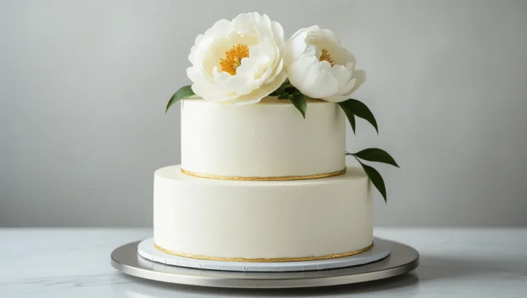 Photorealistic minimalist three-tiered wedding cake on metal stand, featuring smooth white buttercream, a cascading white peony, delicate gold leaf, and a light grey backdrop, captured in professional studio lighting with dramatic side emphasis on clean lines, in ultra-high resolution.