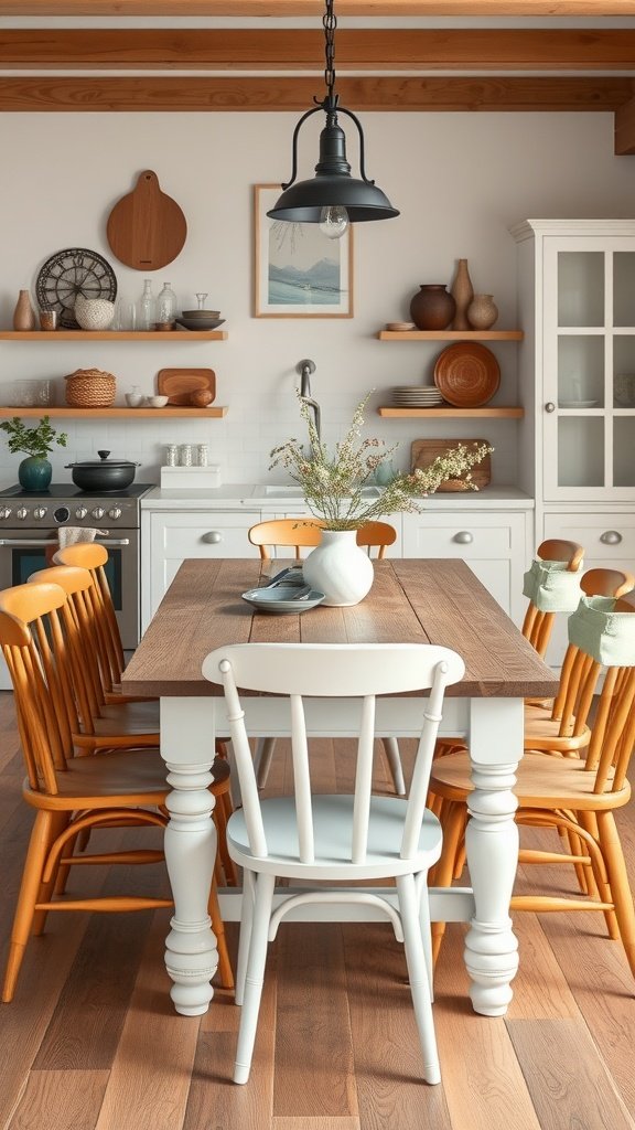 A farmhouse kitchen table with a mix of chair styles, featuring a white chair and orange wooden chairs around a rustic wooden table.