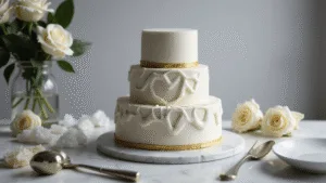Photorealistic overhead view of a three-tiered modern wedding cake featuring stark white fondant with geometric patterns and gold leaf accents, displayed on a marble surface with soft lighting and surrounded by decorative elements.