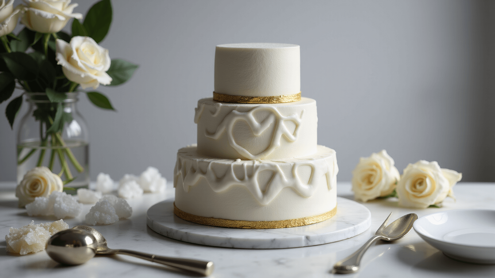 Photorealistic overhead view of a three-tiered modern wedding cake featuring stark white fondant with geometric patterns and gold leaf accents, displayed on a marble surface with soft lighting and surrounded by decorative elements.