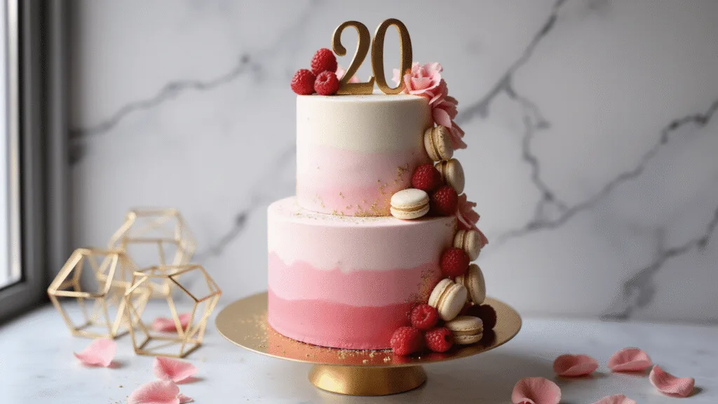 A luxurious two-tiered birthday cake with an ombré pink and white design, gold accents, and decorative elements, displayed on a matte gold cake stand against a marble counter.