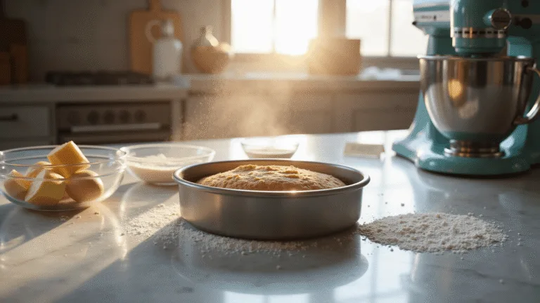 Photorealistic image of a sunlit modern kitchen with a centered 8-inch round cake pan, surrounded by measured ingredients in glass bowls, featuring flour, butter, eggs, and sugar. A professional stand mixer is positioned to the right, and a vintage recipe card is in the corner, all bathed in natural light with dramatic shadows and a soft bokeh effect.