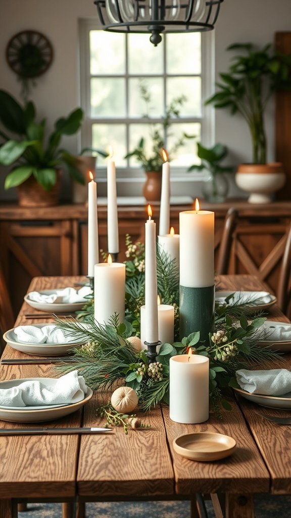 A farmhouse kitchen table setting featuring natural centerpieces with candles, greenery, and rustic decor.