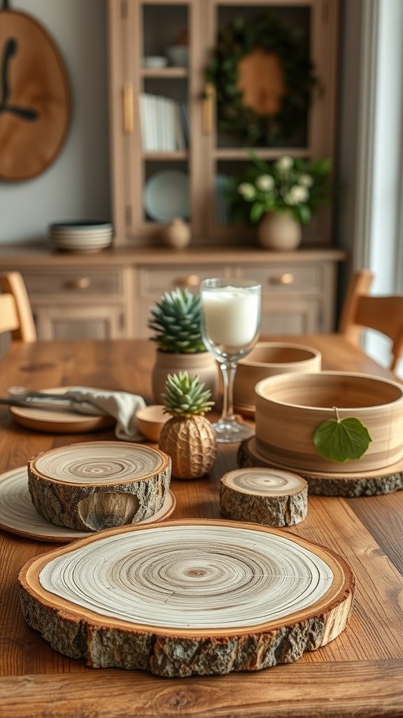 A rustic farmhouse kitchen table setting featuring natural wood elements like wooden slices and small plants.