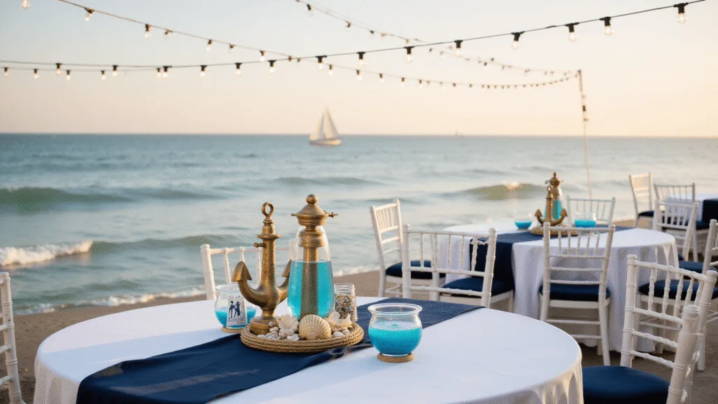 Hyperrealistic photograph of a luxurious oceanfront baby shower setup with a nautical theme, featuring white tables with navy accents, vintage anchors, and seashell decorations, all illuminated by soft string lights at golden hour.