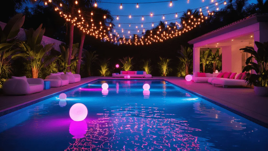 Cinematic photograph of a luxurious twilight pool party featuring an infinity pool with color-changing LED lights, illuminated lounge areas, and glowing decorations, all under a starry string light canopy.