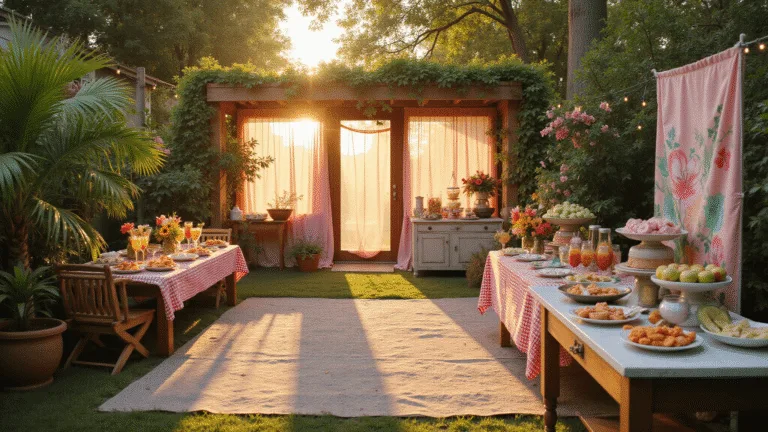A sun-drenched backyard features multiple baby shower themed vignettes: a Tropical Paradise corner with palm leaves and mocktails, a Rustic Baby-Q with wooden tables and lemonade stand, a Watermelon area with balloon decorations and treats, and an Ice cream social station, all captured in photorealistic 8K ultra HD with warm golden hour lighting and atmospheric bokeh.