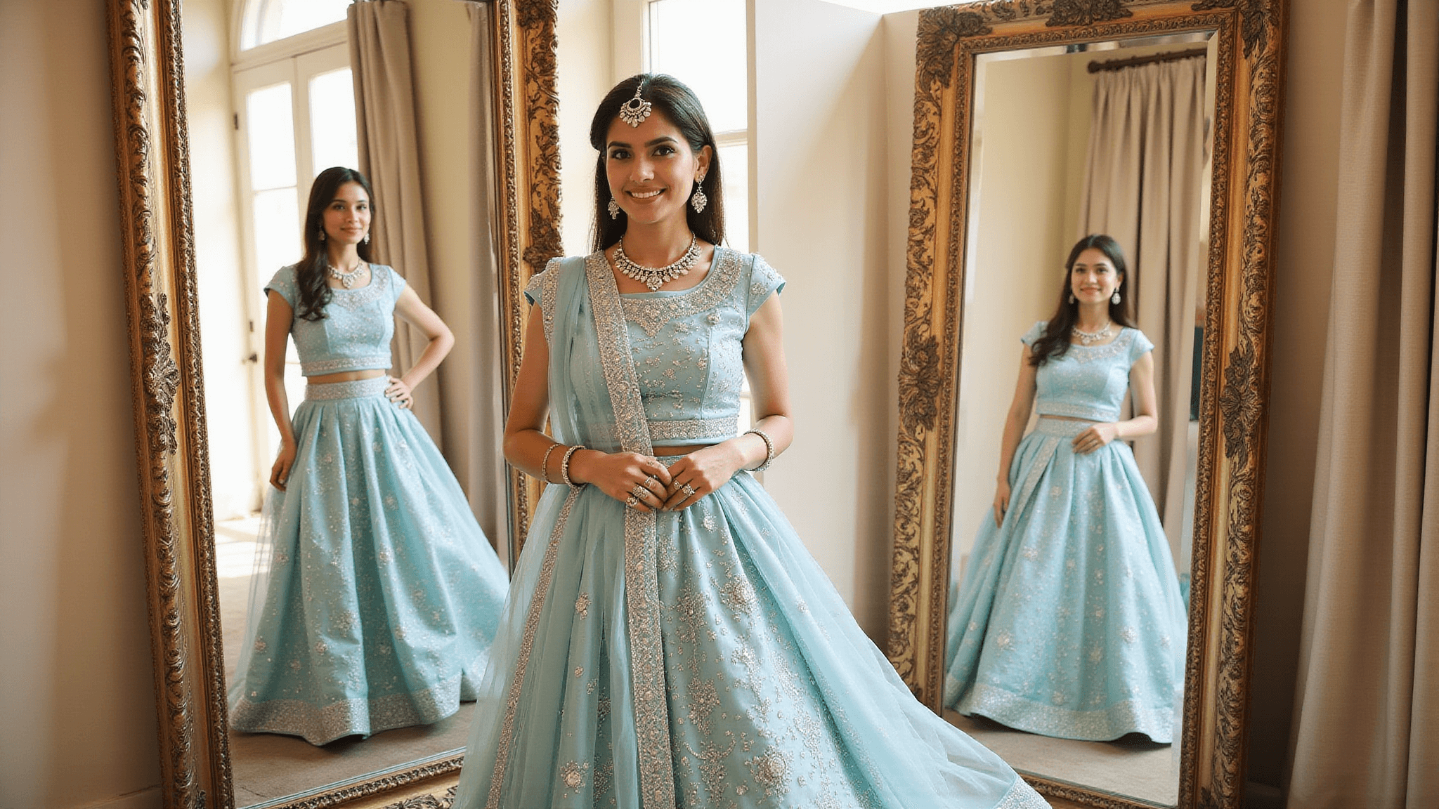 Luxurious powder blue silk lehenga with silver threadwork and mirror embellishments, featuring a cap-sleeve blouse and sheer dupatta, photographed in natural light with vintage mirrors reflecting elegance and warm golden tones.