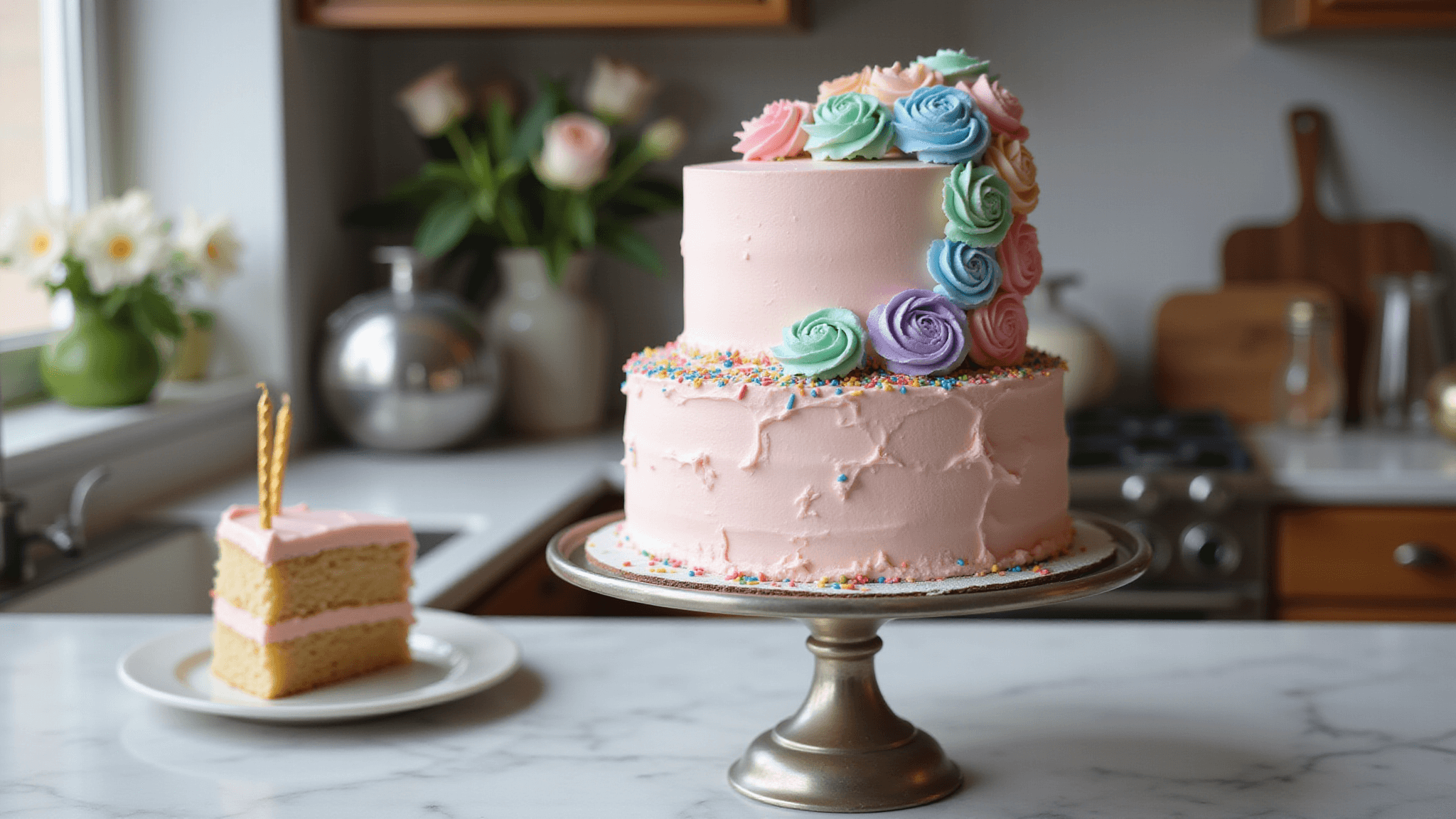 A photorealistic two-tiered birthday cake with pastel buttercream decorations on a silver cake stand, featuring pink frosting, rosettes in blue, lavender, and mint, and cascading rainbow sprinkles, all set against a blurred background of flowers and cake-making tools.