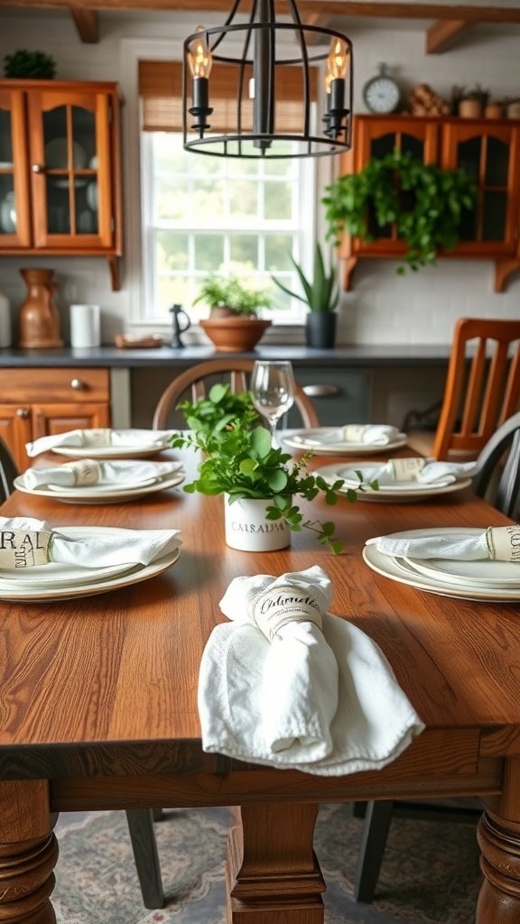 A farmhouse kitchen table set with personalized napkin holders, white napkins, and a potted plant centerpiece.
