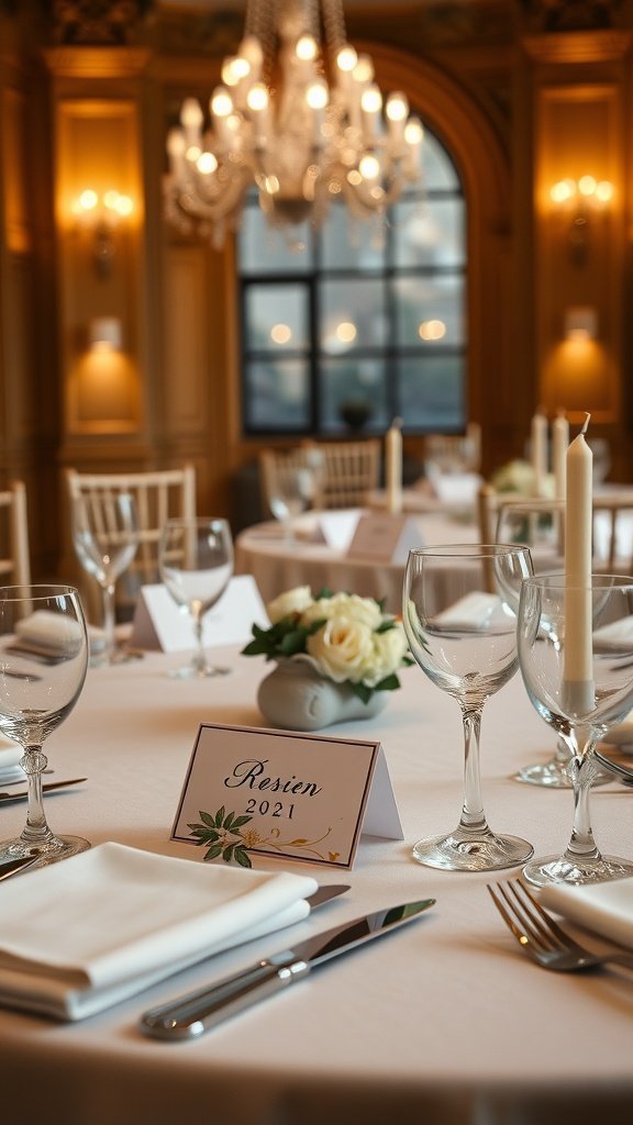 Elegant table setting with personalized place cards and floral decorations