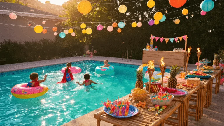 Cinematic wide-angle shot of a vibrant backyard pool party at golden hour, featuring children splashing in turquoise water, colorful inflatable floats, and a tropical-themed snack station, illuminated by fairy lights and tiki torches.