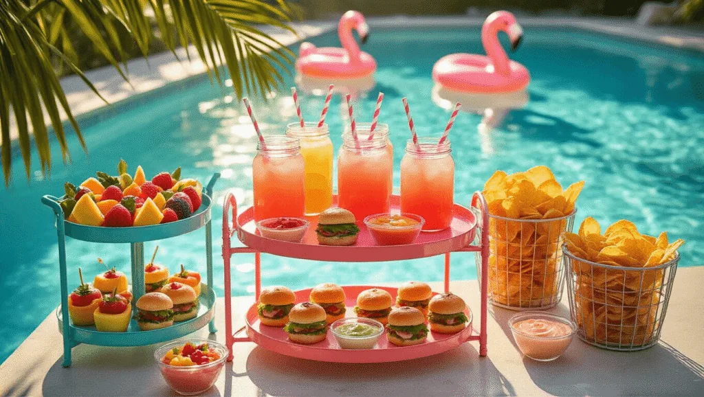 A luxurious poolside snack station at golden hour, featuring a turquoise and coral metal bar cart displaying vibrant fruit skewers, mini sliders, colorful dips, mason jars of pink lemonade with mint, and vintage wire baskets of chips, surrounded by inflatable flamingos in a crystal-clear pool and palm fronds, all illuminated by warm natural light.