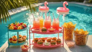 Pool Party Snacks: The Ultimate Guide to Delicious & Photogenic Summer Bites A luxurious poolside snack station at golden hour, featuring a turquoise and coral metal bar cart displaying vibrant fruit skewers, mini sliders, colorful dips, mason jars of pink lemonade with mint, and vintage wire baskets of chips, surrounded by inflatable flamingos in a crystal-clear pool and palm fronds, all illuminated by warm natural light.