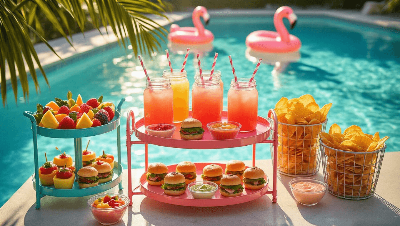 A luxurious poolside snack station at golden hour, featuring a turquoise and coral metal bar cart displaying vibrant fruit skewers, mini sliders, colorful dips, mason jars of pink lemonade with mint, and vintage wire baskets of chips, surrounded by inflatable flamingos in a crystal-clear pool and palm fronds, all illuminated by warm natural light.