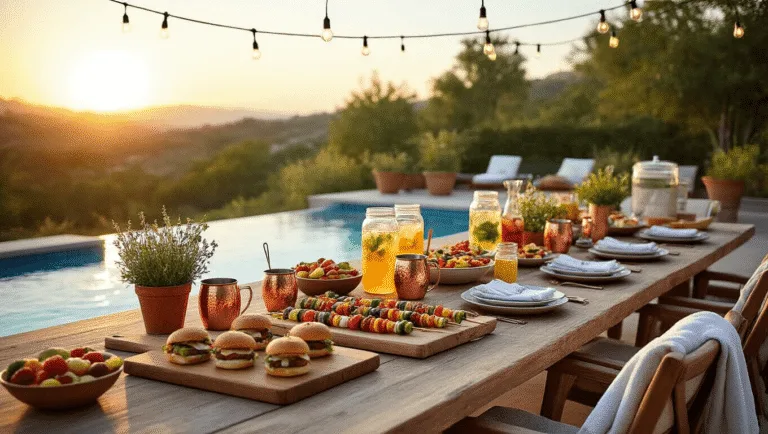 Luxurious poolside party setup at golden hour featuring a long farmhouse table with artisanal sliders, grilled skewers, fruit platters, and vintage tableware, surrounded by string lights and tropical landscaping, with a blue pool in the background.