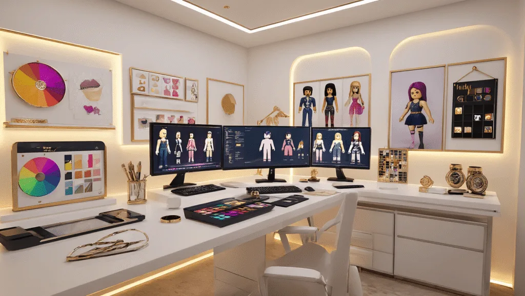 A modern content creator workspace featuring a sleek gaming setup with multiple monitors showcasing Roblox avatars and fashion designs, illuminated by warm golden hour light. The minimalist decor includes holographic color wheels, fashion mood boards, and designer accessories, all captured from a cinematic 45-degree angle.