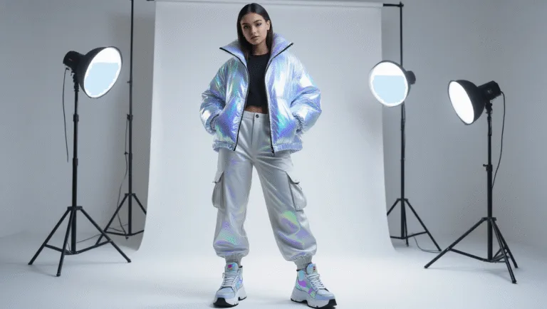 A young fashion influencer stands confidently in a minimalist studio, wearing a holographic oversized jacket, high-waisted cargo pants, and futuristic platform sneakers, with soft lighting highlighting the outfit's iridescent textures.