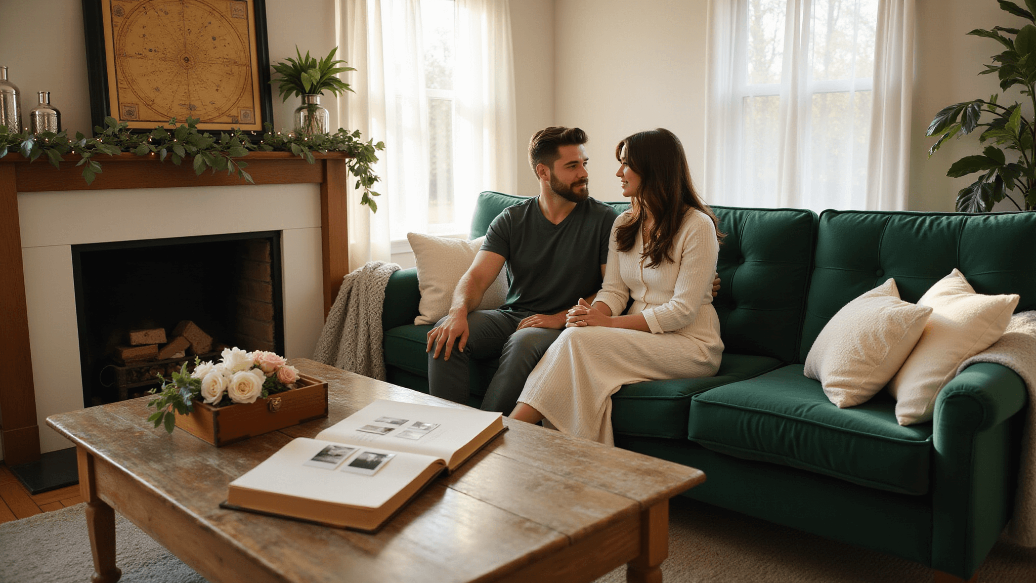 A sun-drenched living room in golden hour features a couple on a plush emerald green sofa, surrounded by anniversary gifts. Soft natural light filters through sheer curtains, illuminating a rustic wooden box of love notes and a leather-bound photo album with vintage Polaroids on a weathered coffee table. Delicate paper flowers and eucalyptus adorn the fireplace mantle, with string lights creating a warm, intimate glow. Cozy throw pillows and a chunky knit blanket add comfort to the scene.