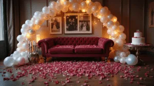 Photorealistic interior shot of a luxurious romantic living room featuring a plush burgundy loveseat adorned with rose petals, an elegant balloon arch, warm fairy lights, and a vintage-style gallery wall, with champagne flutes and a decorative cake on a mirrored side table.
