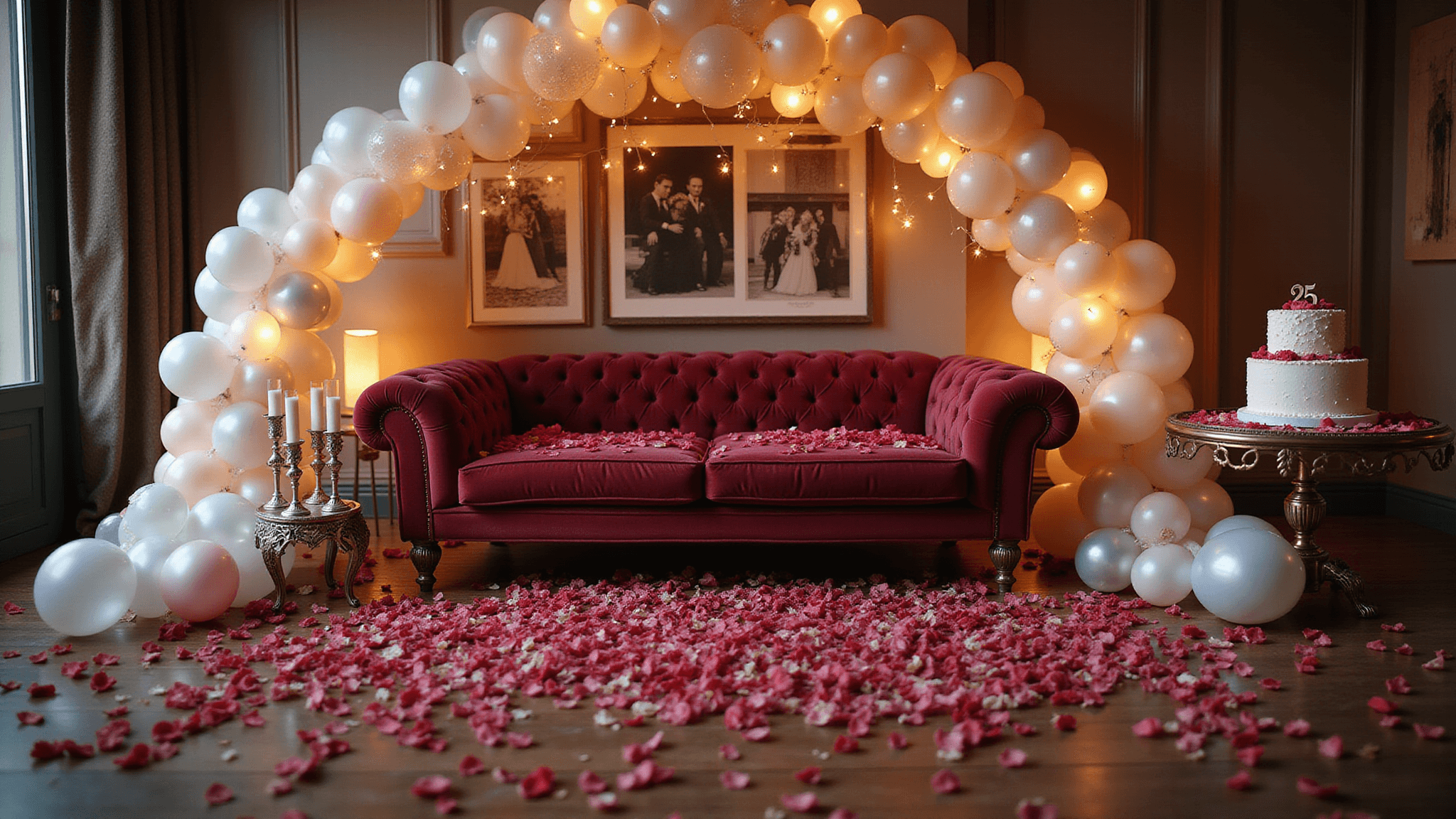 Photorealistic interior shot of a luxurious romantic living room featuring a plush burgundy loveseat adorned with rose petals, an elegant balloon arch, warm fairy lights, and a vintage-style gallery wall, with champagne flutes and a decorative cake on a mirrored side table.