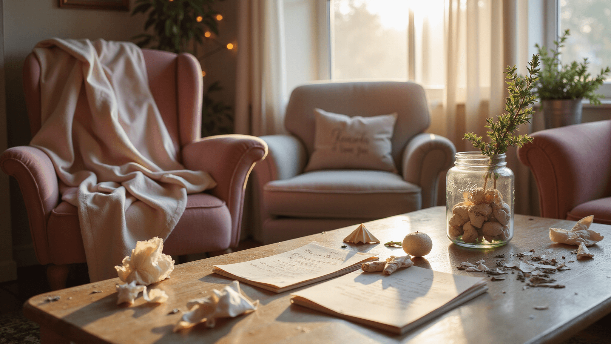 A sunlit vintage living room setup for a first anniversary, featuring a reel viewer, Polaroid photos, origami flowers, a handwritten love letter, and a framed star map, all accentuated by blush pink and copper decor, with string lights and natural light creating a romantic ambiance.