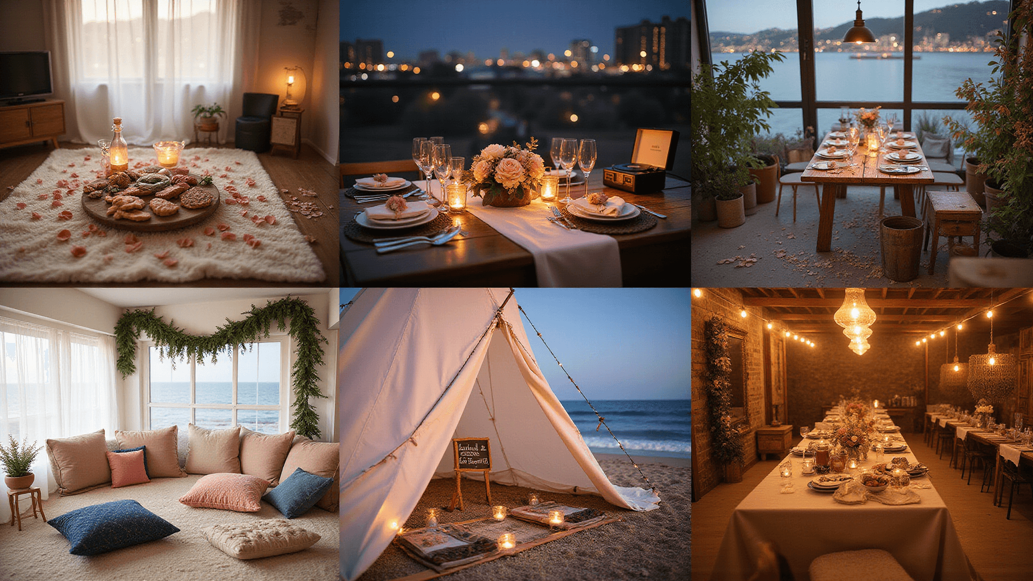 Cinematic collection of five hyperrealistic romantic anniversary settings featuring an indoor picnic with plush decor, a rooftop terrace with city views, a bohemian beach setup, glamping indoors with cozy amenities, and a rustic barn adorned with floral elements.