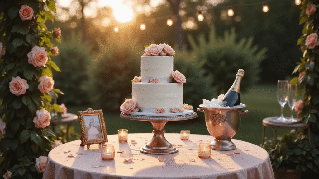 A romantic garden terrace at golden hour featuring a two-tier white fondant anniversary cake adorned with blush sugar flowers and metallic accents, set on a silk-draped table surrounded by rose petals and flickering candles, with string lights overhead and a vintage champagne bucket nearby.