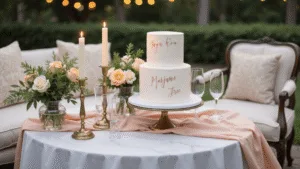 Capturing the Perfect Happy Anniversary Cake: A Complete Styling and Photography Guide A romantic garden anniversary setup featuring a two-tier wedding cake on a marble table, surrounded by vintage candle holders and flowers, with warm ambient lighting and a plush loveseat nearby, all captured during golden hour.