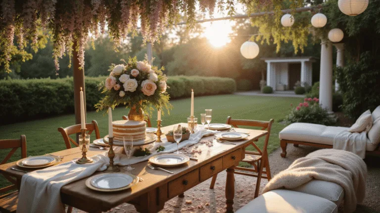 A luxurious garden anniversary celebration at golden hour, featuring a vintage wooden table with floral arrangements, a rustic naked cake, and romantic seating adorned with soft textiles and fairy lights.