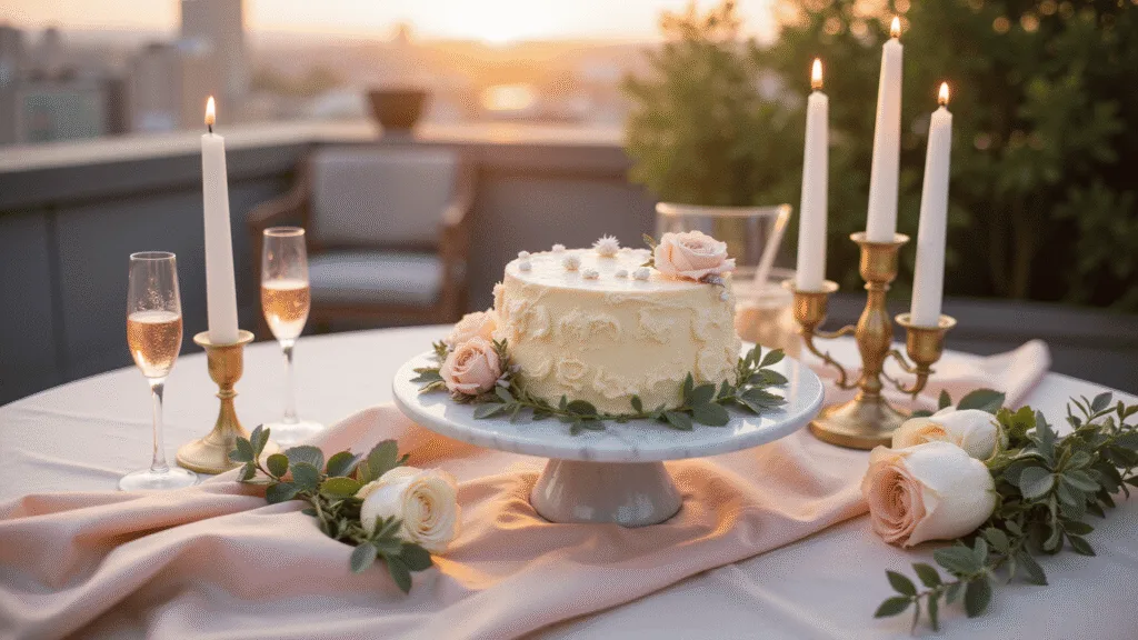Cinematic photo of a romantic rooftop terrace at sunset featuring a petite bento cake on a marble stand, surrounded by fresh roses, eucalyptus, vintage candlesticks, and sparkling rosé champagne, with a soft-focused urban skyline in the background.