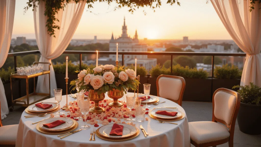 A luxurious rooftop terrace at golden hour, adorned for an intimate anniversary celebration with an ivory silk tablecloth, fine china, crystal stemware, and a lush floral centerpiece of pink peonies and garden roses, surrounded by billowing sheer drapery and twinkling fairy lights, with a city skyline in the background.