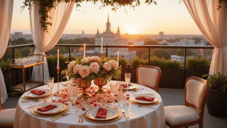 A luxurious rooftop terrace at golden hour, adorned for an intimate anniversary celebration with an ivory silk tablecloth, fine china, crystal stemware, and a lush floral centerpiece of pink peonies and garden roses, surrounded by billowing sheer drapery and twinkling fairy lights, with a city skyline in the background.