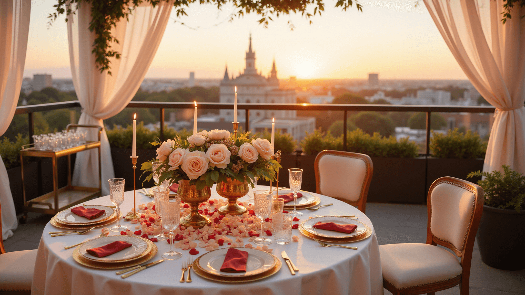 A luxurious rooftop terrace at golden hour, adorned for an intimate anniversary celebration with an ivory silk tablecloth, fine china, crystal stemware, and a lush floral centerpiece of pink peonies and garden roses, surrounded by billowing sheer drapery and twinkling fairy lights, with a city skyline in the background.
