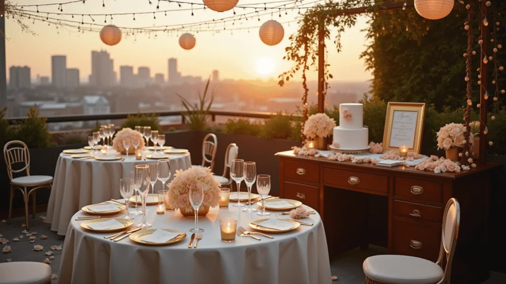A luxurious rooftop terrace beautifully styled for a romantic first wedding anniversary celebration, featuring round tables with ivory silk linens, gold charger plates, handcrafted paper flower centerpieces, delicate string lights, a vintage writing desk with wedding vows, a dessert cart with a white and gold cake, crystal champagne flutes, scattered rose petals, and flickering candles, all against an urban skyline at sunset.