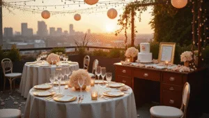 Celebrating Your First Year of Marriage: A Heartfelt Guide to the Paper Anniversary A luxurious rooftop terrace beautifully styled for a romantic first wedding anniversary celebration, featuring round tables with ivory silk linens, gold charger plates, handcrafted paper flower centerpieces, delicate string lights, a vintage writing desk with wedding vows, a dessert cart with a white and gold cake, crystal champagne flutes, scattered rose petals, and flickering candles, all against an urban skyline at sunset.