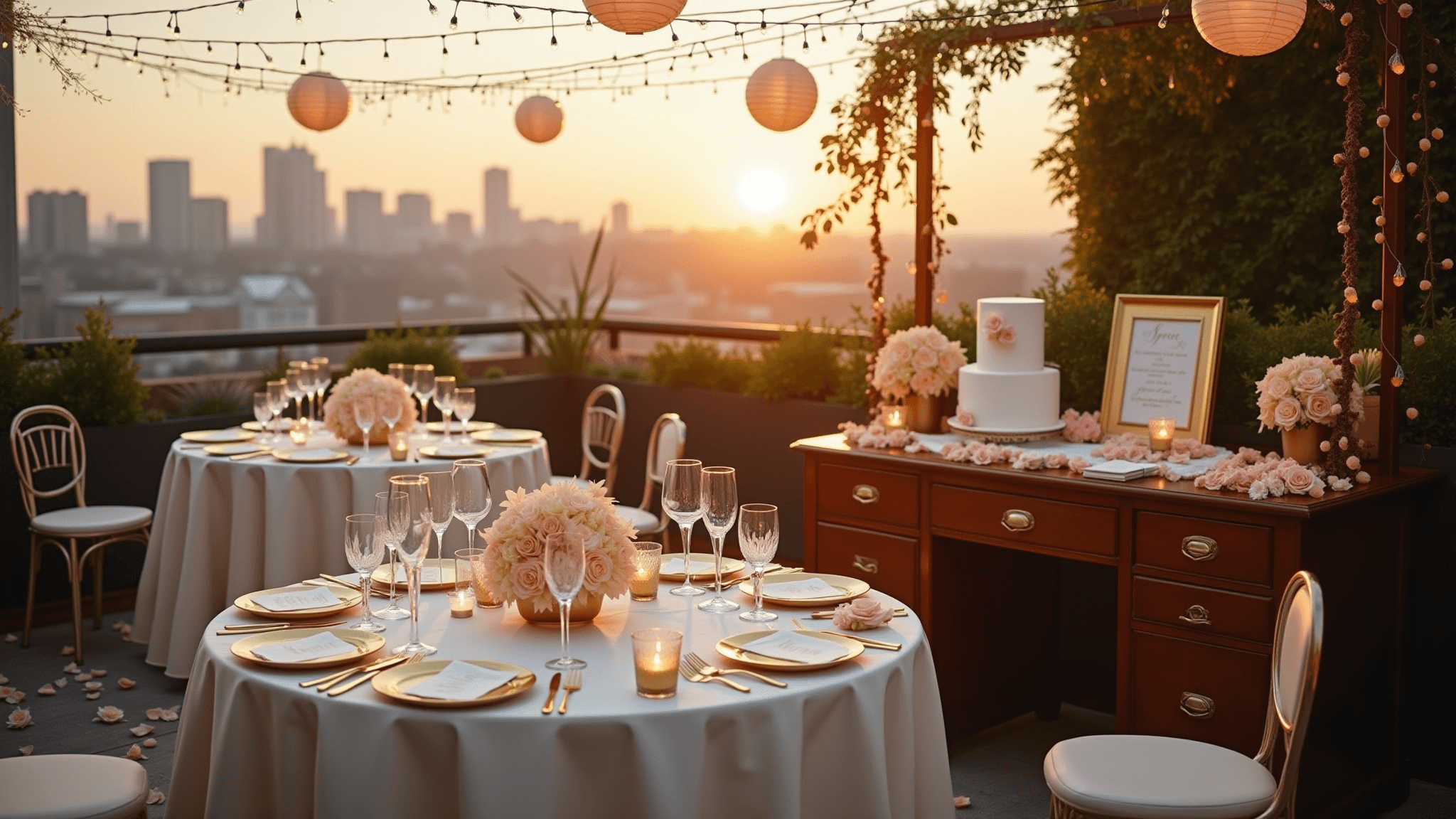 A luxurious rooftop terrace beautifully styled for a romantic first wedding anniversary celebration, featuring round tables with ivory silk linens, gold charger plates, handcrafted paper flower centerpieces, delicate string lights, a vintage writing desk with wedding vows, a dessert cart with a white and gold cake, crystal champagne flutes, scattered rose petals, and flickering candles, all against an urban skyline at sunset.