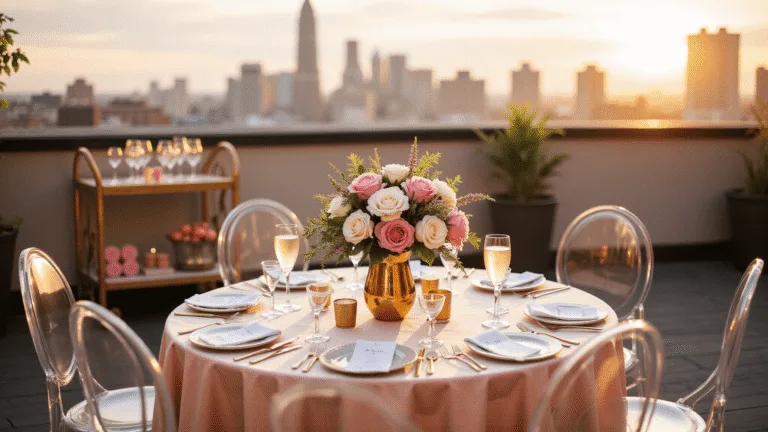 A romantic rooftop anniversary celebration at sunset, featuring blush pink silk table linens, floral centerpieces, elegant place settings, and a stunning 3-tier white and gold cake, with a city skyline and dramatic sunset in the background.