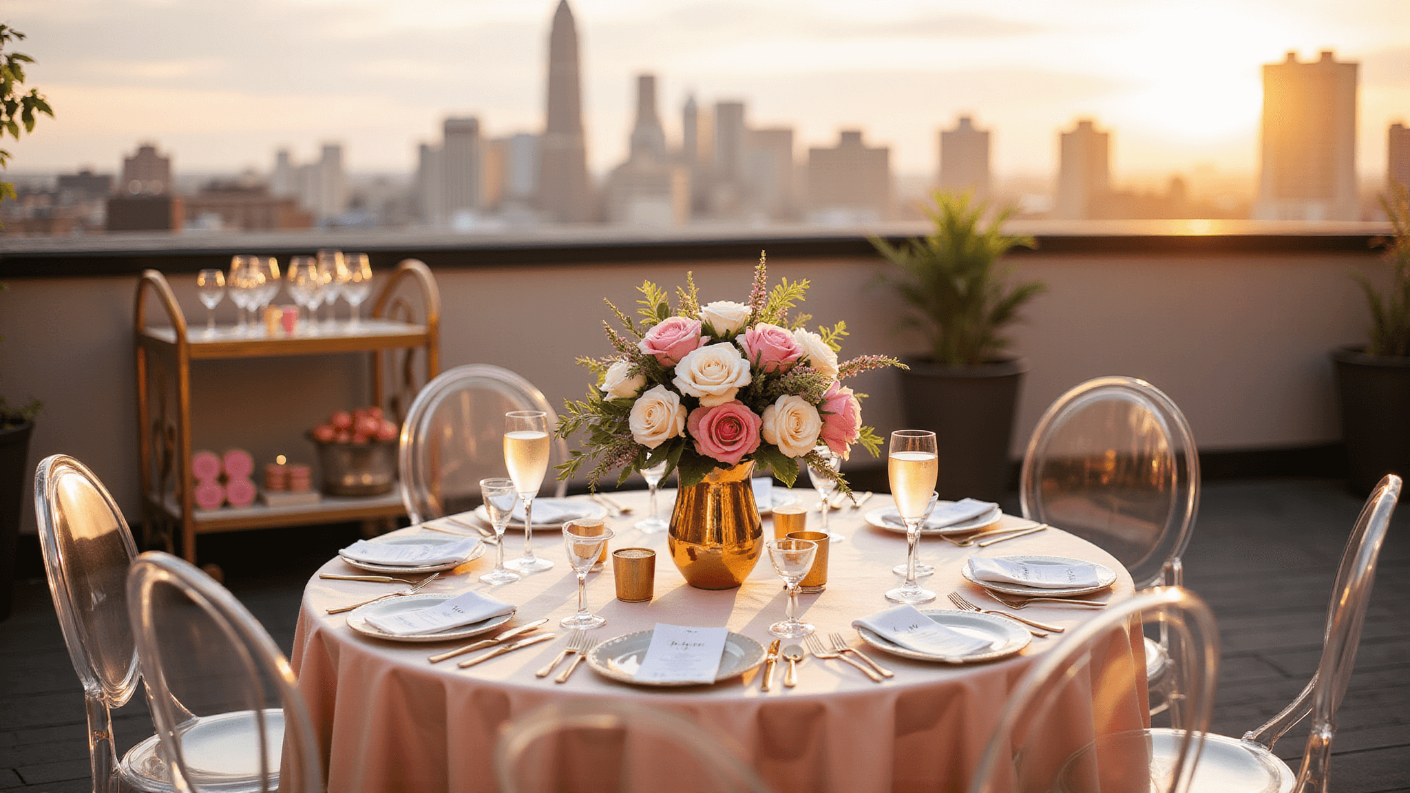 A romantic rooftop anniversary celebration at sunset, featuring blush pink silk table linens, floral centerpieces, elegant place settings, and a stunning 3-tier white and gold cake, with a city skyline and dramatic sunset in the background.