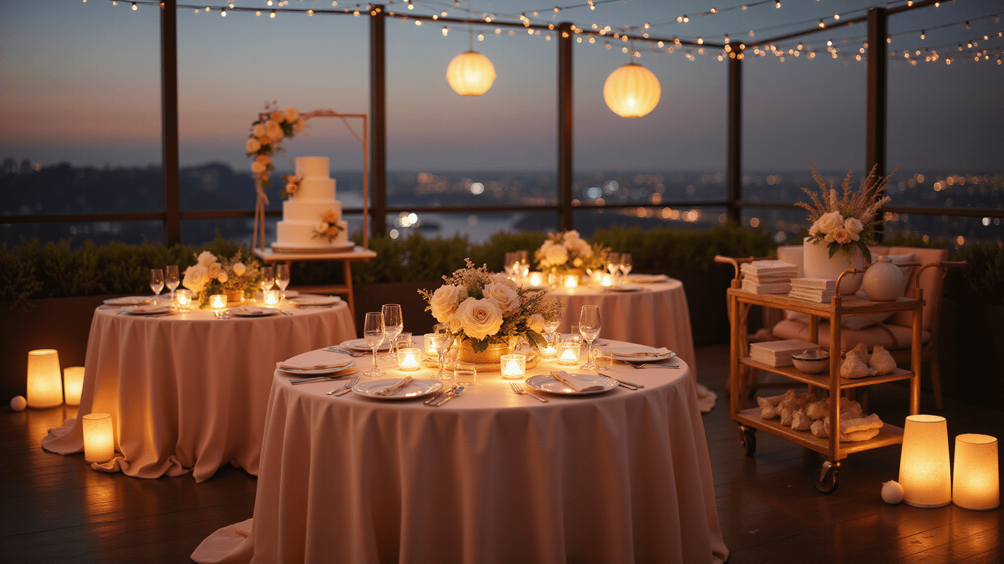 A romantic rooftop anniversary celebration at golden hour, featuring blush pink tables with origami centerpieces, paper lanterns, a vintage dessert cart with a three-tiered cake, and a soft bokeh cityscape background.