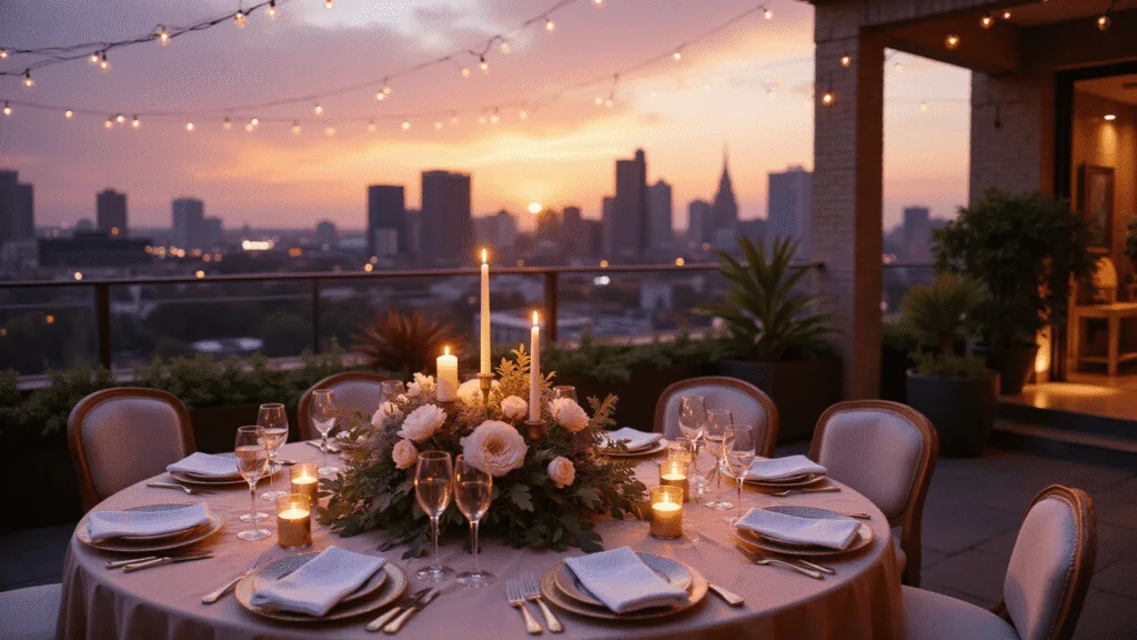 A romantic rooftop anniversary dinner setting featuring a round table with blush silk linens, crystal champagne flutes, and a centerpiece of pale pink peonies, illuminated by fairy lights against a purple-orange sunset, with a string quartet and urban skyline in the background.