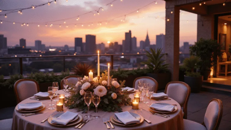 A romantic rooftop anniversary dinner setting featuring a round table with blush silk linens, crystal champagne flutes, and a centerpiece of pale pink peonies, illuminated by fairy lights against a purple-orange sunset, with a string quartet and urban skyline in the background.
