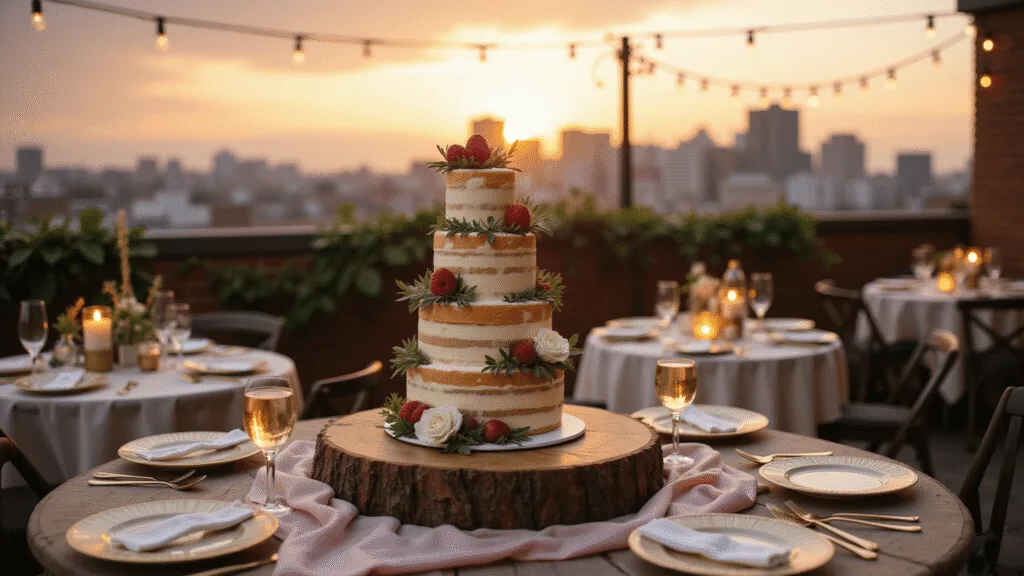 A romantic rooftop terrace at sunset featuring a three-tiered naked cake adorned with fresh berries and roses, with vintage champagne coupes and elegant table decor, framed by a city skyline.