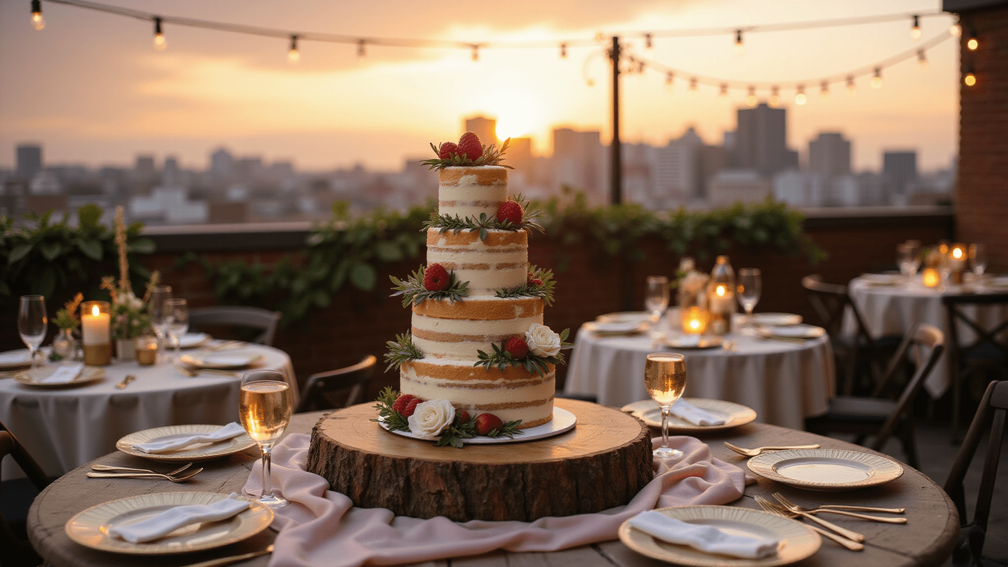 A romantic rooftop terrace at sunset featuring a three-tiered naked cake adorned with fresh berries and roses, with vintage champagne coupes and elegant table decor, framed by a city skyline.