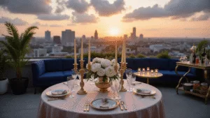 A luxurious rooftop terrace set for a romantic anniversary dinner at sunset, featuring a beautifully arranged dining table with blush pink silk, gold candelabras, white peony centerpieces, and crystal champagne flutes, against a backdrop of a city skyline and dramatic pink and gold clouds.