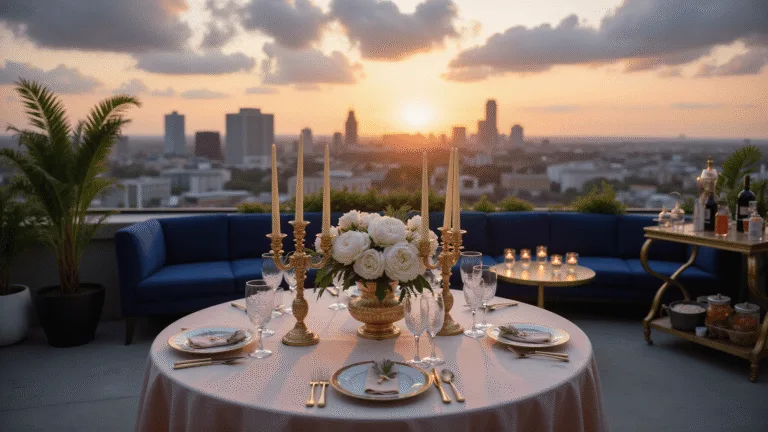 A luxurious rooftop terrace set for a romantic anniversary dinner at sunset, featuring a beautifully arranged dining table with blush pink silk, gold candelabras, white peony centerpieces, and crystal champagne flutes, against a backdrop of a city skyline and dramatic pink and gold clouds.
